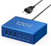Chargeur USB C 120 W GaN, Chargeur USB Multiple PD, Station de Charge 6 Ports, Compatible avec iPhone/Samsung/Google/Tablette/Alimentation Mobile et Autres appareils USB (Bleu)