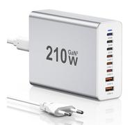 Chargeur USB C, 210W Alimentation USB C 8 Ports GaN PD 3.0 Chargeur Rapide avec Adaptateur Multi-Chargeur mâle Compatible avec iPhone 12/13/14/15 Series/MacBook Pro/Air/Samsung Galaxy S23/S22/S21