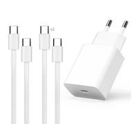 Chargeur USB-C 25W Power Delivery + 2 Câbles USB-C 1m 60W Nylon Tressé Blanc, Kit Charge Rapide Sécurisée, Bloc Secteur Compatible iPhone Samsung Android