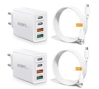 Chargeur USB-C 40W 2Pack (4Ports) 2×PD20W + 2×QC3.0 3.1A avec Câble 2M | Charge Rapide Bloc Prise Adaptateur Mural pour iPhone /Samsung Galaxy S24/S23/S22/S21/A54/A34/iPad Pro/Xiaomi(Blanc)
