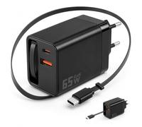 Chargeur USB C 65 W avec câble de charge rétractable de 70 cm, avec port USB-A/C 20 W, chargeur rapide 2 en 1 de voyage, compatible avec iPhone 17/16/15Pro Max, Galaxy S25/24Ultra, téléphone portable