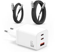 Chargeur USB-C 65W GaN 3 Ports + 2 Câbles USB-C 100W (1m + 2m) USB 3.2 Noir, Charge Ultra Rapide PD, 2 USB-C + 1 USB-A, Compatible MacBook iPhone Samsung