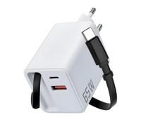 Chargeur USB C 65W Retractable Chargeur Rapide USB C GA-N 65W à 3 Ports | Prise Rapide PD3.0 avec Câble Rétractable 70cm pour iPhone 16/15/14/13 Pro Max MacBook Pro Galaxy S24 Switch Laptop