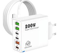 Chargeur USB C Charge Rapide + Câble - Chargeur USB Multiple 6 Ports - Prise Multiple USB-C 200W - Adaptateur USB C Compatible avec Samsung, iPad, iPhone, Huawei, Google, Charge Rapide.200W