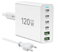 Chargeur USB C de 120 W, chargeur multiple USB 【4USB-C + 2USB-A】 Chargeur PD, station de charge à 6 ports compatible avec iPhone/Samsung/Google/Tablet/Mobil Power et autres appareils USB (blanc)