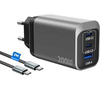 Chargeur USB C Laptop Rapide 200 W 3 Ports PD3.0+PPS GaN Tech Prise USB C pour Ordinateur Portable avec câble C-C de 2 m Compatible avec MacBook Pro/iPhone 16/Galaxy 24
