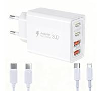 Chargeur USB C Rapide 40W PD Chargeur iPhone 4 Ports 2xUSB-C 2xUSB-A avec Câble USB C et Câble iPhone Prise Secteur Multiprise Adaptateur pour iPhone 17 16 15 14 13 12 Pro Max Plus Mini iPad Samsung