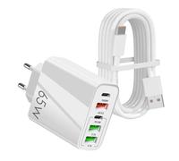 Chargeur USB C Rapide 65W 5 Ports, Prise USB C Multiple avec 2 USB C+ 2 USB 1 QC 3.0, Adaptateur Secteur avec 1M Câble Type C, Fast Charger pour iPhone 17/16/15/Pro/Pro Max, Samsung Galaxy, Huawei