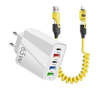 Chargeur USB C Rapide 65W 5 Ports, Prise USB C Multiple avec 2 USB C+ 2 USB 1 QC 3.0, Adaptateur Secteur avec 1,5M Cable Spirale, Fast Charger pour iPhone 17/16/15/Pro/Pro Max,Samsung Galaxy,Huawei