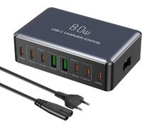 Chargeur USB C, 's 80W 8 Port Prise USBC Chargeur Rapide iPhone, Multi Secteur PD+USB-A Adaptateur pour iPhone 16 15 Pro Max 14 13 12 Mini XS XR 8 6S Plus SE, Pixel,Samsung Galaxy