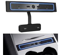 Chargeur USB de voiture amélioré pour modèle 3/Y 2021-2023, station d'accueil multiport USB 4 en 1 avec lumière LED bleue pour adaptateur de console centrale, accessoires modèle 3/Y avec charge PD de