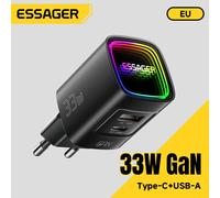 Chargeur USB Type C GaN 33W Essager, chargeur rapide portable PD pour iPhone 17 16 15 14 Pro Max iPad Xiaomi Samsung S25, chargeur RGB