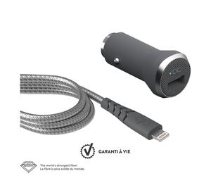 Chargeur voiture 2.4A IC Smart + Câble renforcé USB A/Lightning Garanti à vie Gris Force Power