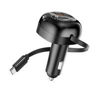 Chargeur Voiture 3-en-1 75W USB-C / USB-A / Câble Rétractable Intégré 75cm Noir