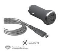 Chargeur voiture 4.8A (2.4+2.4A) IC Smart + Câble renforcé USB A/micro USB Garanti à vie Gris Force Power