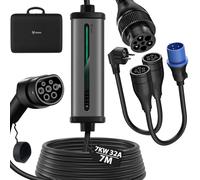 Chargeur Voiture Electrique, 7,2kW EV Chargeur Type 2 8-32A 7M Câble Recharge Voiture Electrique Rapide IEC 62196-2 avec Fiche Schuko et Fiche CEE vec Voyant LED Compatible avec Model Y/3 EV et Phev