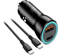 CHARGEUR VOITURE FAST CHARGE 2 ENTREES USB-A USB-C 25W 3A AVEC CABLE TYPE C NOIR