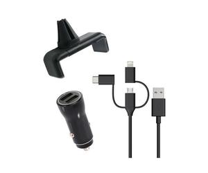 Chargeur Voiture - LICK - PACK 3EN1 - 2 USB-A - Câble 3EN1 - Support Grille