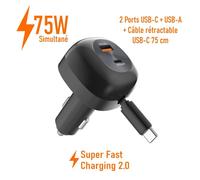 Chargeur Voiture Retractable 75W acce2s® pour Xiaomi REDMi Note 17 Pro Max Pro 15 Pro+ Pro 14 Pro+ .. 3 Ports Charge Rapide SFC 2.0