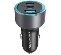Chargeur voiture THOMSON-12/24V-60W 2x-USB-C: PD 30W+ USB-A QC 3.0 18W avec protections surtensions, surintensités, courts-circuits.
