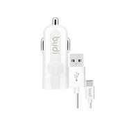 Chargeur de voiture USB - Budi - Modèle avec indicateur LED - Câble USB Type-C - 5V 2,4A - Blanc
