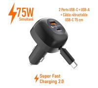 Chargeur Voiture USB-C Cable Retractable + Double Port 75W Alu Charge Rapide