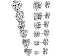 CHARIFIN Lot de 6 paires de boucles d'oreilles à tige en acier inoxydable 316L plaqué argent blanc 18 carats avec oxyde de zirconium rond transparent 316L pour homme et femme 3-8 mm, Acier inoxydable