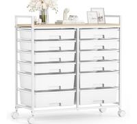 Chariot à 12 tiroirs - Rollcontainer - Chariot à roulettes pour salle de bain - en plastique, Chariot polyvalent pour bricolage, chariot à outils et de rangement avec plan de travail imitation bois