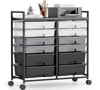 Chariot à 12 tiroirs - Rollcontainer - Chariot de rangement pour salle de bain - en plastique, Chariot polyvalent pour bricolage, chariot à outils et de rangement avec plan de travail imitation bois