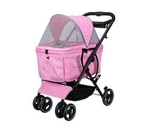 Chariot à 4 roues pour animaux de compagnie, chariots pour chats et chiens, poussette antichoc, direction réglable de l'auvent, pliage en un clic, installation rapide, adapté aux voyages (rose)
