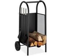 Chariot à bois de cheminée serviteur, charrette bûches acier, outils de cheminée, pelle,balai,tisonnier,noir noir G