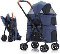 Chariot à double couche pour chat et chien, poussette pliable pour 2 chiens/chats, idéale pour les voyages jumeaux ou multiples, cage de transport respirante pour chat (gris a) (bleu)