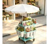 Chariot à Fleurs Mobile Multifonction avec Parasol, Présentoir Floriste, Chariot à Plantes Roulant pour Marchés Fermiers, Exposition Extérieure(Green)