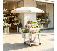 Chariot à Fleurs Mobile Multifonction avec Parasol, Présentoir Floriste, Chariot à Plantes Roulant pour Marchés Fermiers, Exposition Extérieure(White)