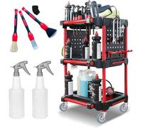 Chariot à outils à roulettes pour les détails, chariot de traitement de voiture à 3 niveaux avec 2 plaques de suspension latérales et crochets, flacons pulvérisateurs et brosses détaillées pour