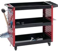 Chariot à outils HWC-M26, chariot à roulettes Chariot d'atelier, roulettes Poignée 3 plateaux Grille perforée, acier 73x90x35cm rouge