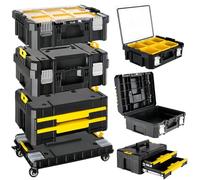 Chariot à Outils Modulaire 4-en-1, Système d'Empilage Robuste avec Roulettes (2 Freins), Tiroirs et Fermetures Métal, Idéal pour Garage, Chantier et Maison, 44,5 x 35 x 52 cm
