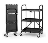 Chariot à outils pliable à 3 niveaux avec structure métallique compacte avec roulettes, emplacements pour outils pour la maison, le bureau, le garage - Solution de rangement légère et polyvalente.