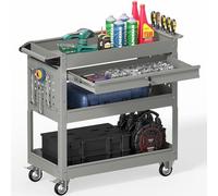 Chariot à outils roulant robuste à 3 niveaux avec tiroir et support de tournevis, 250 kg, pour atelier, garage, chariot de service industriel sur roues (gris)
