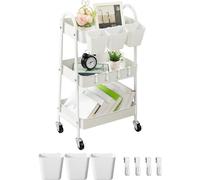 Chariot à roulettes à 3 niveaux, rangement mobile en métal avec roues verrouillables, tasses et crochets de suspension, pour cuisine, salle de bain, bureau