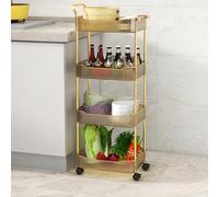 Chariot à roulettes en acrylique à 4 niveaux avec roues verrouillables pour salle de bain et cuisine Finition dorée Étagère utilitaire polyvalente pour la maison et le bureau