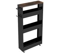Chariot à roulettes mince à 3 niveaux, étagère de rangement mobile avec dessus en bois et poignée, armoire de cuisine avec crochet, parfait pour le bureau, la salle de bain, le linge, noir, 4 couches