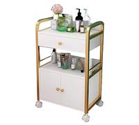 Chariot à roulettes pour salon de beauté et barbier - 1 tiroir et 1 placard, organiseur mobile d'équipement de coiffeur, chariot de beauté portable (doré/blanc)