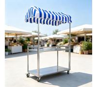 Chariot Alimentaire Métallique à Deux Niveaux avec Auvent et Roulettes | Comptoir commercial mobile pour marchés extérieurs, food truck et événements festifs(A-190*100cm/74.8*39.4in)