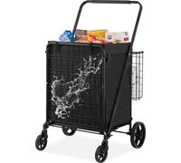 VEVOR Chariot de Courses Pliable Charge 150,5 kg 4 Roulettes Chariot de Supermarché Plus de 85 L avec 2 Paniers Charrette de Courses en Fer avec Doublure Étanche pour Transporter Ranger Linge Épicerie
