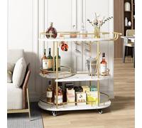 Chariot de Bar à 3 Niveaux,Chariot a Vin à roulettes avec 2 Porte-Verres et Porte-Vins,Bois marbré Étagère,Carde Metal,Chariot de Service Mobile Moderne pour Cuisine,Salle à Manger,Salon,Bar