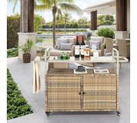 Chariot de bar en osier pour l'extérieur : table de service pour patio avec plateau en acier, seau à glace, roues verrouillables et panier latéral (beige)