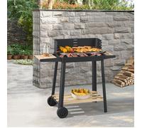 casa.pro Chariot de Barbecue au Charbon de Bois avec Grille Réglable en Hauteur Pare-Vent 2 Roues Étagères Grille de Cuisson Acier Inoxidable Bois Plastique 78 x 86 x 30 cm Noir Naturel