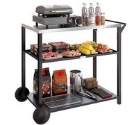 Chariot de barbecue d'extérieur Outsunny avec plateau en acier inoxydable pour la préparation des repas, support pour four à pizza à deux niveaux, table de préparation des aliments sur roulettes, noir