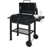 Chariot de barbecue HWC-K93, barbecue au charbon de bois Barbecue BBQ gril de jardin avec couvercle étagères, acier, 110x100x51cm noir
